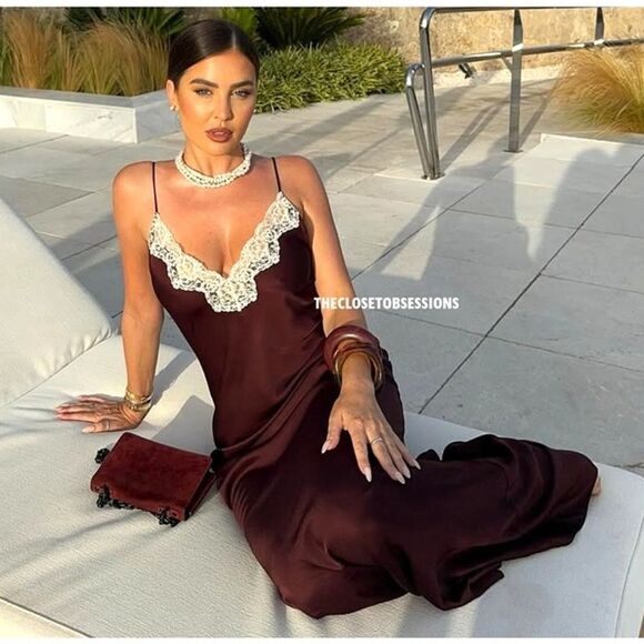 NWT ZARA LACE SLIP DRESS ZW COLLECTION satin silk maxi dress Lingerie Burgundy - Picture 1 of 16